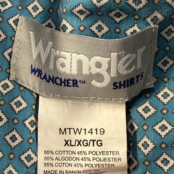 Wrangler Wrancher Shirt Mens XL Blue Geometric Pearl Snap Western Short Sleeve - Picture 4 of 6